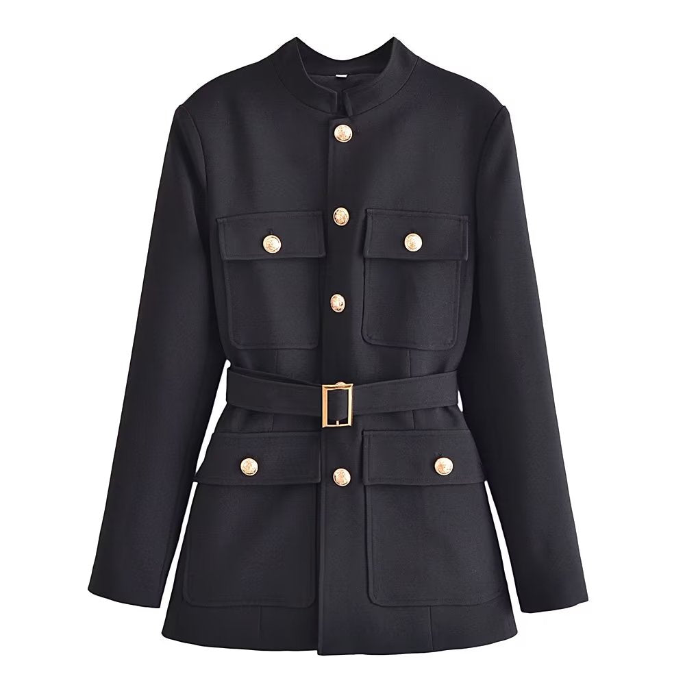 Gold Button Belted Blazer