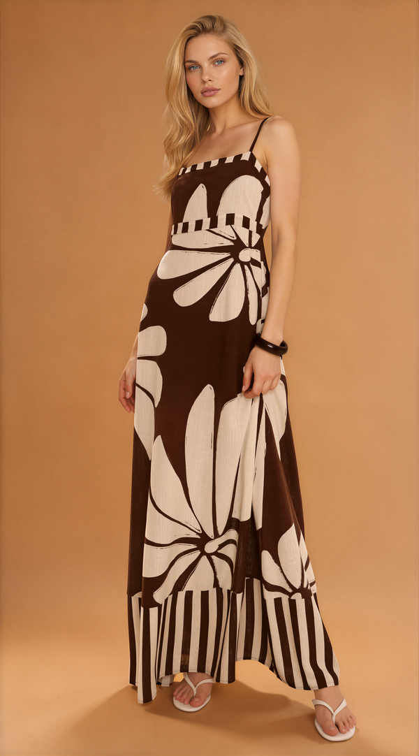Floral Choclate French Strap Maxi Dress
