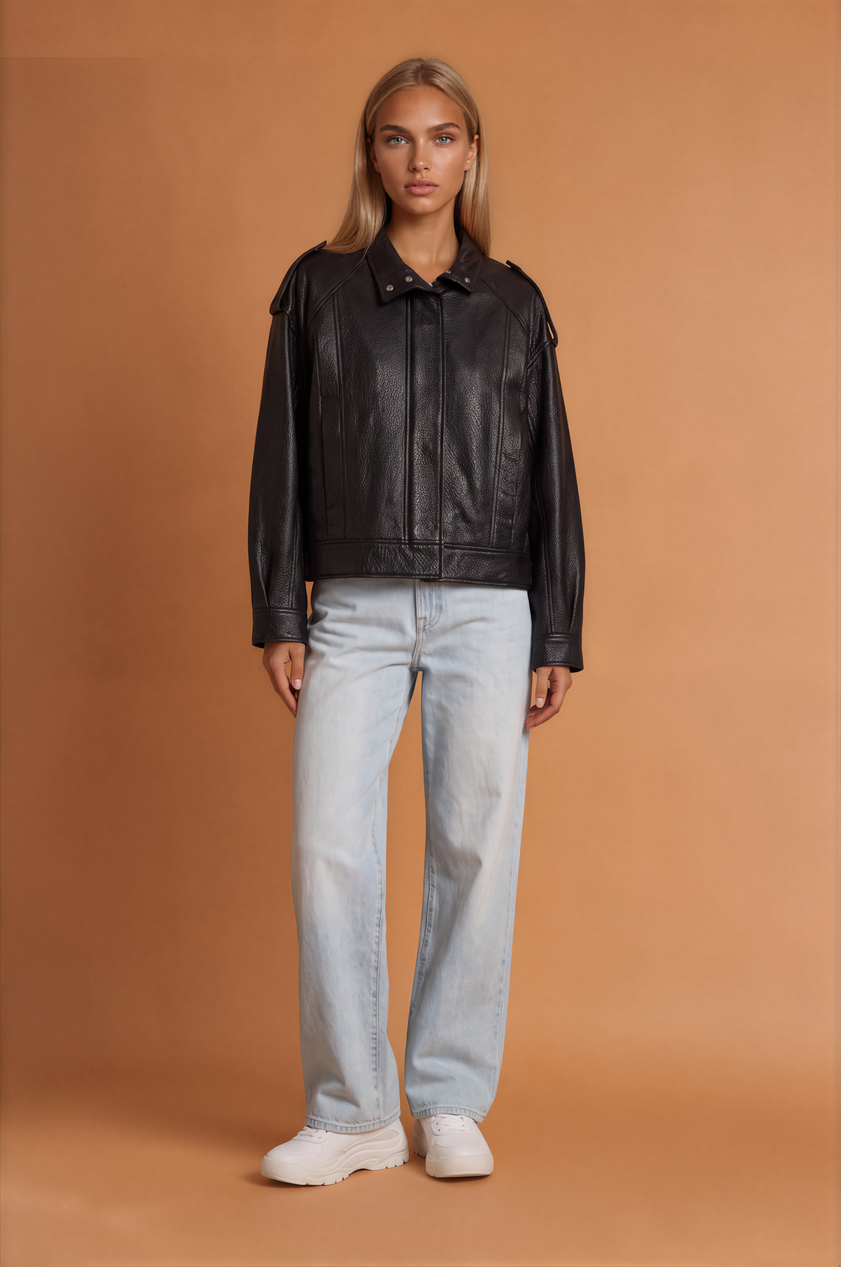 Textured Leather Zipper Bomber Jacket Jacket
