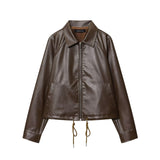 Retro Type Loose Short Drawstring Faux Leather Jacket