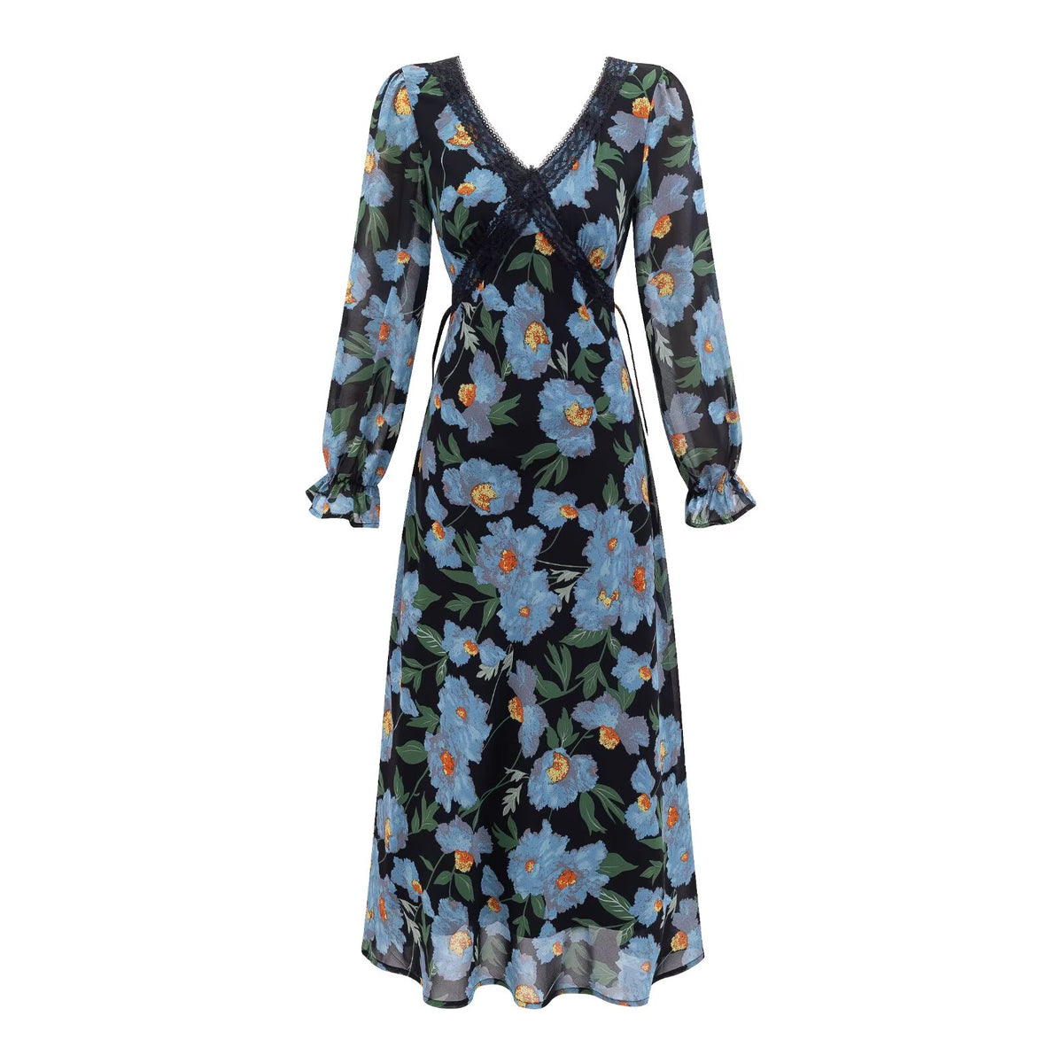 Blue Floral V neck Long Sleeve Dress