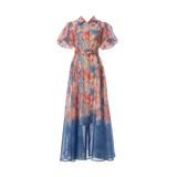 Women Summer Floral Short Sleeved Waist Long Dress