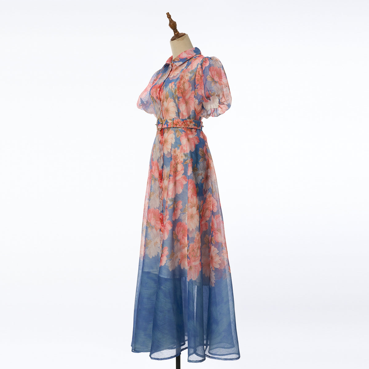 Women Summer Floral Short Sleeved Waist Long Dress