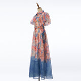 Women Summer Floral Short Sleeved Waist Long Dress