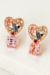 Pink heart stud earrings with CZ cube drop