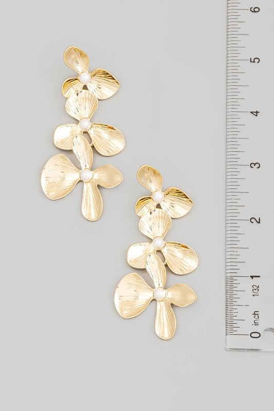 Triple Metallic Flower Chain Dangle Earrings