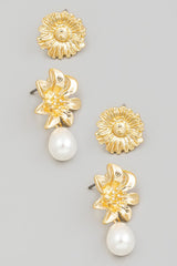 Pearl Charm Metallic Floral Stud Earrings Set