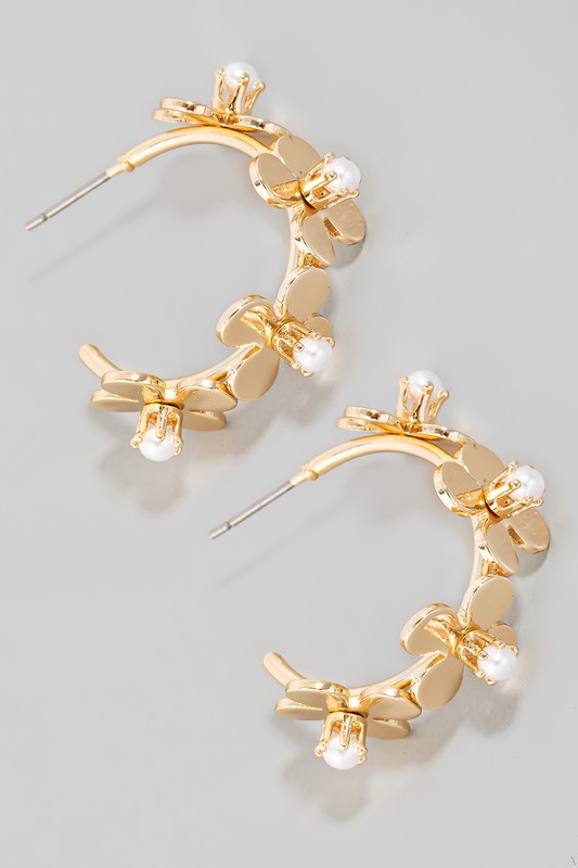 Pearl Studded Metallic Flower Hoop Earrings