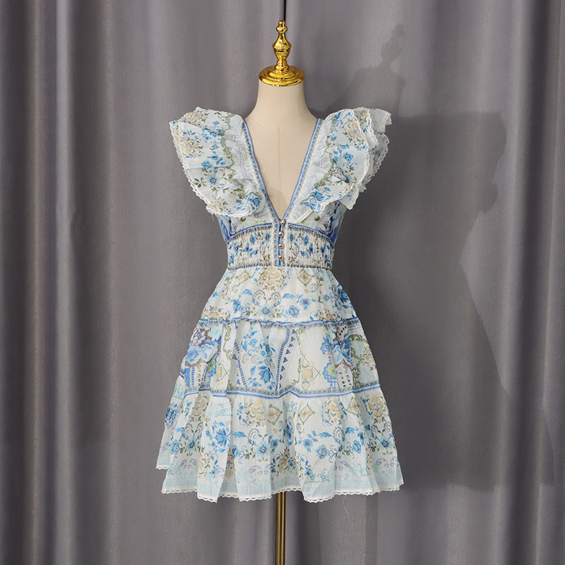 Flying Sleeves Printed Deep V Dress