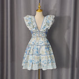 Flying Sleeves Printed Deep V Dress