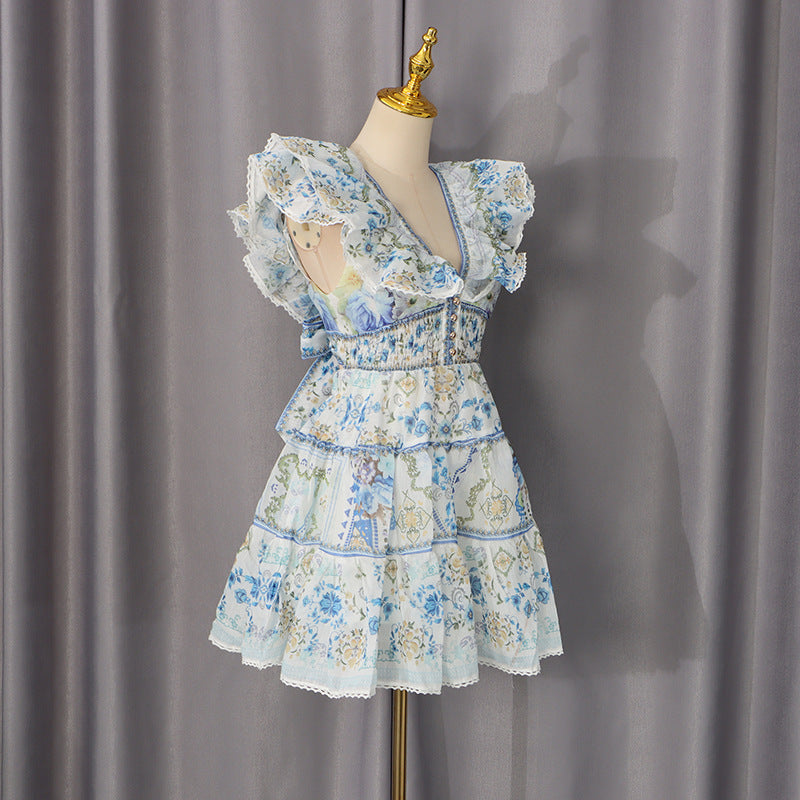 Flying Sleeves Printed Deep V Dress