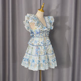 Flying Sleeves Printed Deep V Dress
