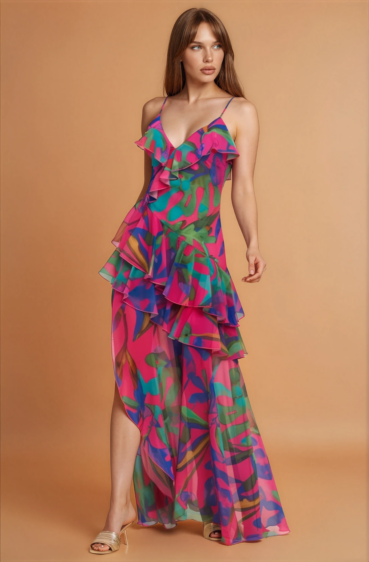 Palm Ruffle Chiffon Maxi