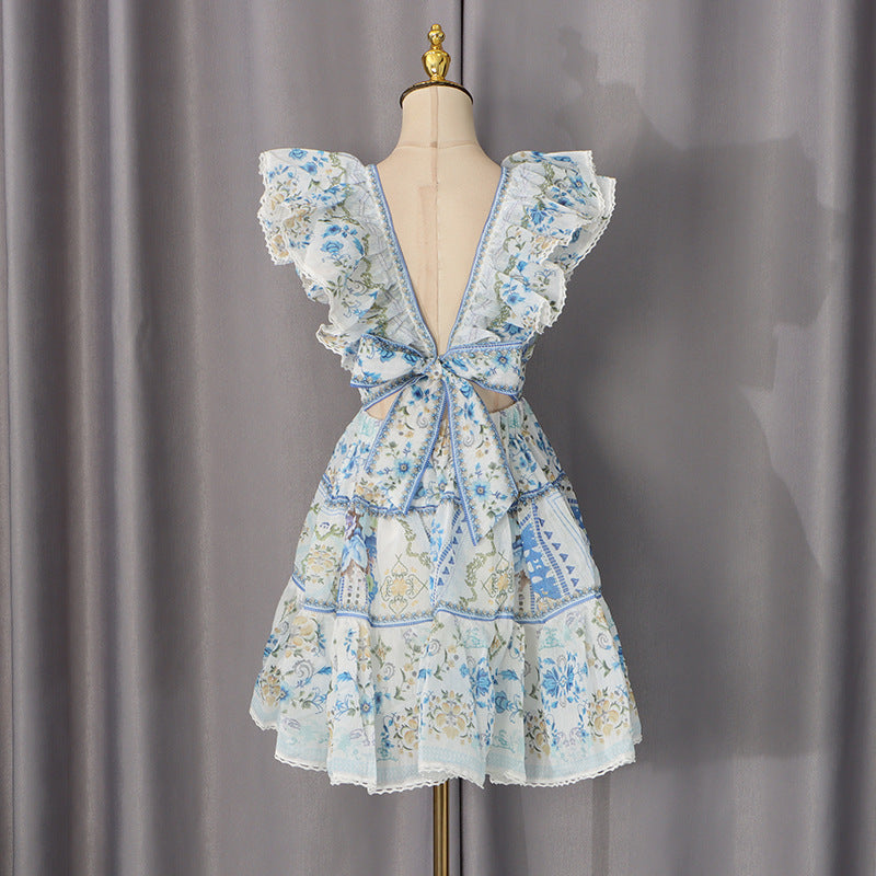Flying Sleeves Printed Deep V Dress