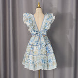 Flying Sleeves Printed Deep V Dress