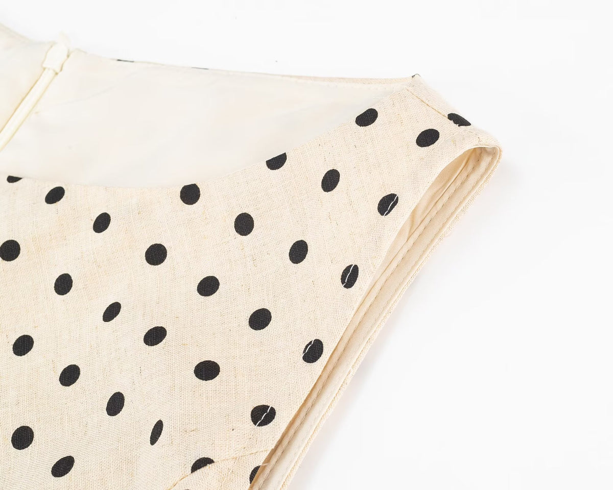 Polka Dot Pleated Waist Tight Midi Dress
