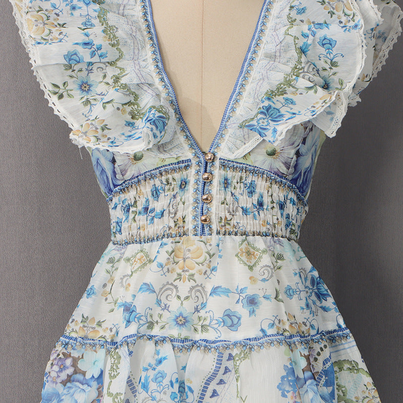 Flying Sleeves Printed Deep V Dress