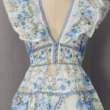 Flying Sleeves Printed Deep V Dress