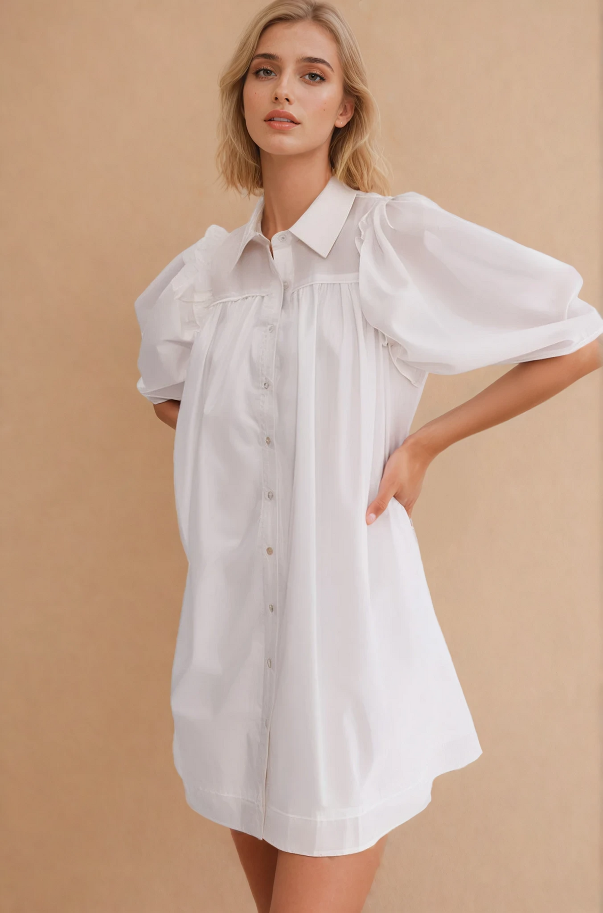 Stevie Puff Sleeve Shirt Dress - White