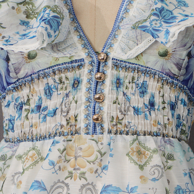 Flying Sleeves Printed Deep V Dress