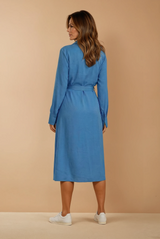 Clara Satin Blue Midi Dress