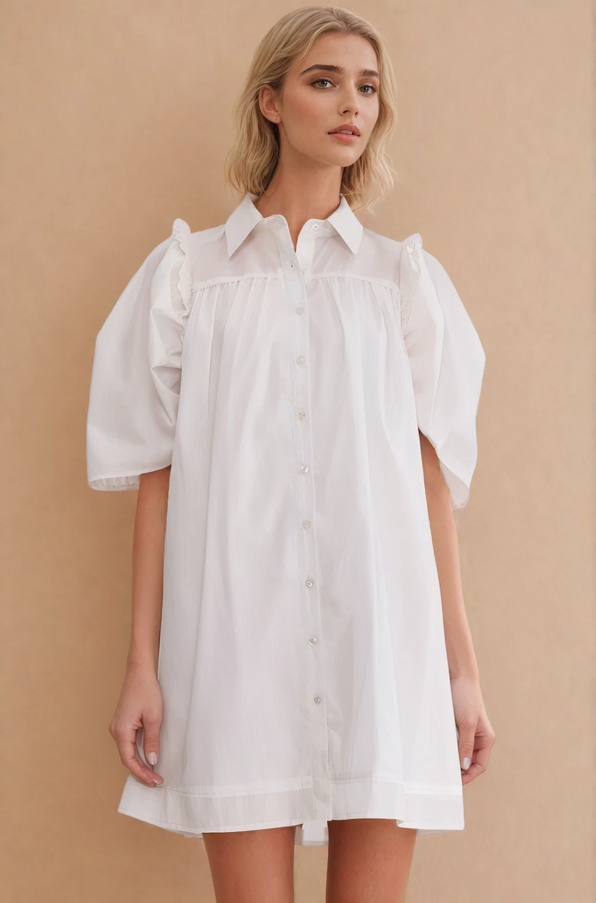 Stevie Puff Sleeve Shirt Dress - White