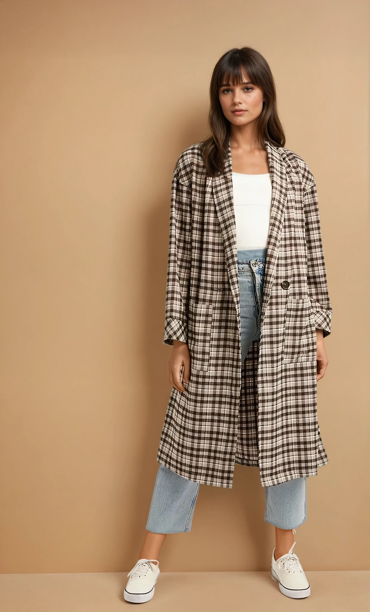 Mocha Oversized Plaid Light Weight Long Coat