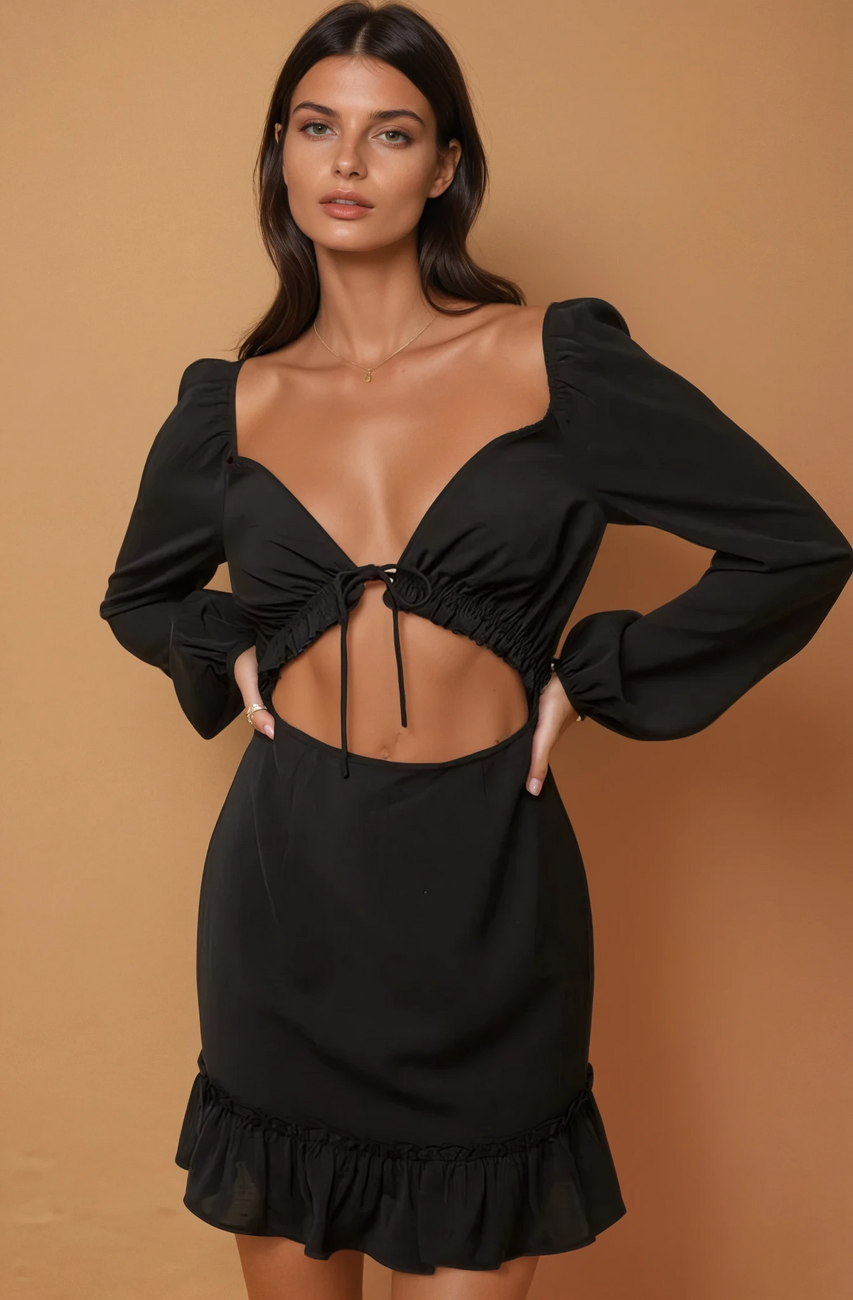 Ruffle Detail Front Tie Cut Out Mini Dress