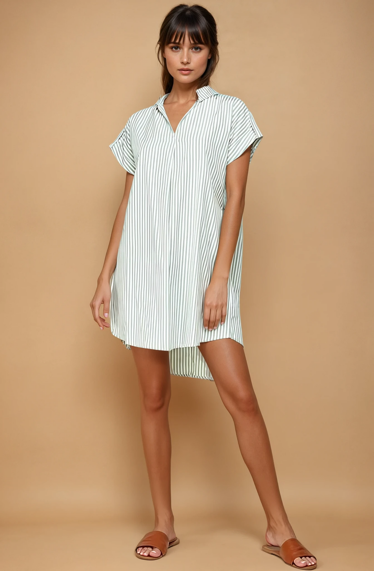 Stripe Print Curved Hem Short Dress- Sage
